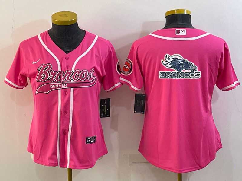 Womens Denver Broncos Pink Team Big Logo With Patch Cool Base Stitched Baseball Jersey